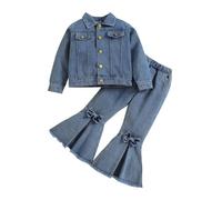 Fccrian Girl Spring Fall Solid Color Denim Fashionable Denim Jacket Flared Pants Two Set Baby Girl Outfit 3-6 Months (Blue, 4-5 Years)