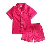 Fccrian Little Baby Girls Boys Pajamas Set Satin Kids Short Sleeves Sleepwear 2 Down Classic Loungewear Shorts Giant Robe (Hot Pink, 6-12 Months)