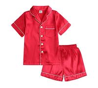 Fccrian Little Baby Girls Boys Pajamas Set Satin Kids Short Sleeves Sleepwear 2 Down Classic Loungewear Shorts Giant Robe (Red, 6-12 Months)