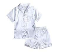 Fccrian Little Baby Girls Boys Pajamas Set Satin Kids Short Sleeves Sleepwear 2 Down Classic Loungewear Shorts Giant Robe (Silver, 8-9 Years)