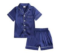 Fccrian Little Baby Girls Boys Pajamas Set Satin Kids Short Sleeves Sleepwear 2 Down Classic Loungewear Shorts Giant Robe (Blue, 6-7 Years)