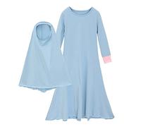 Fccrian Muslim Baby Girls' Ramadan Abaya with Hijab Full Length Robe Burka Maxi Little Kid Toddler Baby Girl Dresses Checke Top and Bottom (Sky Blue, 7-8 Years)