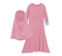 Fccrian Muslim Baby Girls' Ramadan Abaya with Hijab Full Length Robe Burka Maxi Little Kid Toddler Baby Girl Dresses Checke Top and Bottom (Hot Pink, 7-8 Years)