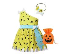 Fccrian Toddler Kids Caveman Costume Girls Halloween Dog Historical Cavegirl Mesh Tulle Dress Outfits Future Mommy (Yellow, 12-18 Months)