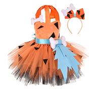 Fccrian Toddler Kids Caveman Costume Girls Halloween Dog Historical Cavegirl Tulle Dress Outfits Dress Holiday Girls (Orange, 2 Years)
