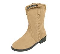 Fccrian Women's Chunky Low Heeled Ankle Boots Suede Mid Calf Boots Khaki