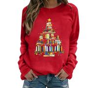 FCDIED Christmas Books Tree Sweatshirt Women Teachers Love Reading Xmas Gift Tee School Christmas Holiday Casual Pullover Top, Red, Large