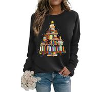 FCDIED Christmas Books Tree Sweatshirt Women Teachers Love Reading Xmas Gift Tee School Christmas Holiday Casual Pullover Top, Black, Medium