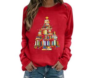 FCDIED Christmas Books Tree Sweatshirt Women Teachers Love Reading Xmas Gift Tee School Christmas Holiday Casual Pullover Top, Red, Large