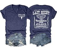 FCDIED Last Night We Let The Liquor Talk Country Music Tshirt Women Letter Print V-Neck T Shirt Western Bull Skull Tee Tops, Blue, M