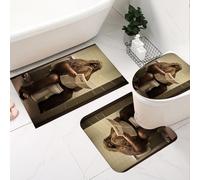 Fchen art 3Pcs Rubber Backed Bath Mat Set - U Shaped Toilet Rug with Bigfoot Gorilla Reading Newspaper on Toilet, Non-Slip Super Absorbent Bathroom Mats
