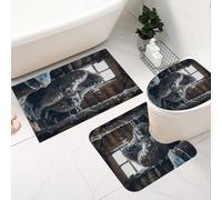 Fchen art 3Pcs Rubber Backed Bath Mat Set - U Shaped Toilet Rug with Bigfoot in Cabin Taking Bubble Bath, Non-Slip Funny Animal Bathroom Mats