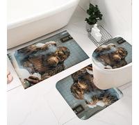 Fchen art 3Pcs Super Absorbent Non-Slip Bath Mat Set - Bigfoot Is Taking a Bubble Bath Design U-Shaped Rug, Rubber Backed Bathroom Mats