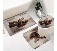 Fchen art 3Pcs U-Shaped Toilet Mat Set - Rubber Backed Non-Slip Bathroom Rugs with Funny Bigfoot Gorilla Hairy monster Reading Book on Toilet, Bath Mats for Cabin Decor Brown