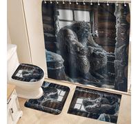 Fchen art 4-Piece Bath Mat and Shower Curtain Set - Non-Slip Rubber Backed Funny Bigfoot in Cabin Bathroom Mats with U-Shaped Toilet Rug