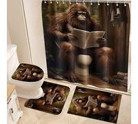 Fchen art 4-Piece Bath Mat Set for Bath Shower Curtain Sets - Non-Slip Quick-Dry Toilet Rug with Bigfoot Reading Newspaper Design, Shower Mat & Bath Rug