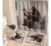 Fchen art 4-Piece Bathroom Set with U-Shaped Toilet Mat, Shower Curtain, Non-Slip Bath Mats - Rubber Backed, Cute Bigfoot Gorilla Design for Cabin Decor