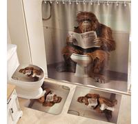 Fchen art 4-Piece Non-Slip Rubber Backed Bath Mat and Shower Curtain Set - Cute Bigfoot Gorilla Reading Book on Toilet Bathroom Decor with U-Shaped Mat for Cabin