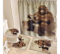 Fchen art 4-Piece U-Shaped Toilet Mat Shower Curtain Set - Rubber Backed Non-Slip Bathroom Rugs with Funny Bigfoot Gorilla Reading Book on Toilet, Bath Mats for Cabin Decor