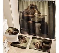 Fchen art 4Pcs Bath Mat Set for Bath Curtain Sets - Non-Slip U-Shaped Toilet Rug with Bigfoot Gorilla Reading Newspaper, Super Absorbent Rubber Backed Bath Mats