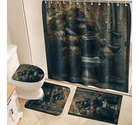 Fchen art 4Pcs Non-Slip Bath Mat Set for Bath Curtain Sets - Quick-Dry U-Shape Toilet Rug with Bigfoot Gorilla Design, Shower Mat,Shower Curtain & Bath Rug