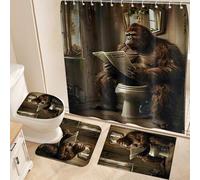 Fchen art 4Pcs Super Absorbent Non-Slip Bath Mat Set Shower Curtain - Gorilla on Toilet Reading Newspaper U-Shaped Rug, Rubber Backed Bathroom Mats