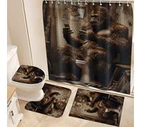Fchen art 4Pcs U-Shaped Toilet Mat Set With Shower Curtain - Funny Bigfoot Gorilla Sitting on Toilet Playing Phone Rubber Backed Bathroom Rugs, Non-Slip Bath Mats for Bathroom Decor