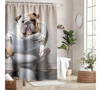 Fchen art Funny Shower Curtain,Humorous Scene with A Bulldog Sitting On a Toilet and Reading Paper Cloth Fabric Bathroom Decor Set with 12 Hooks,180x180cm,Beige