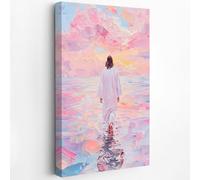 Fchen art Jesus Walks on Water Under Pastel Pink Sky - Easter Resurrection Christian Wall Art Print Painting Serene Church, Home & Hotel Decor - 12"x16" Framed Canvas with Divine Spiritual Theme