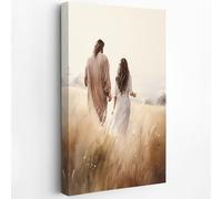 Fchen art Jesus & Woman Walking in Grass - Christian Religious Art Print - HD Canvas Wall Decor for Bedroom, Living Room, Church - Spiritual Home Decor with Hooks Ready To Hang 16"x24"