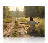 Fchen Art Lovely Painting: Lamb Running Toward Jesus Wall Art Decor, Canvas Wrap, Landscape with Horses, Church Living Room Framed Canvas Print, 12x16
