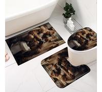 Fchen art Non-Slip Quick-Dry Bathroom Mat Set (3Pcs) - U-Shape Toilet Rug with Funny Bigfoot Gorilla Sitting on Toilet Design, Shower Mat & Bath Rug