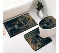 Fchen art Non-Slip Quick-Dry Bathroom Mat Set (3Pcs) - U-Shape Toilet Rug with Funny Bigfoot Gorilla Sitting on Toilet Design, Shower Mat & Bath Rug Black Brown