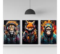 Fchen art Set Of 3pcs Animal Graffiti Wall Art Gorilla With Headphone Canvas Painting Neon Colorful Poster Prints Picture Graffiti Pop Art Wall Art Game Room Decor Ready To Hang 30x40cm