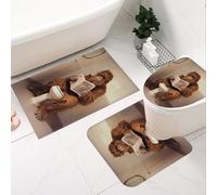 Fchen art Set Of 3pcs U-Shaped Toilet Mat Set - Rubber Backed Non-Slip Bathroom Rugs with Cute Bigfoot Gorilla Reading Book on Toilet, Bath Mats for Cabin Decor