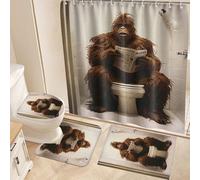 Fchen art Set Of 4-Piece Super Absorbent Non-Slip Bath Mat Shower Curtain Set - Gorilla on Toilet Reading Newspaper U-Shaped Rug, Rubber Backed Bathroom Mats Brown