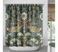 Fchen Art Vintage William Morris Strawberry Thief Green Blue Geometric Arts and Crafts Shower Curtain 180.00cms x 180.00cms 2 Panels Waterproof Polyester Bathroom Modern Arts and Crafts Style
