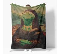 Fchen art Whimsical Mona Lisa Frog Face Blanket 100x125cm - Graffiti Style Funny Flannel Fleece Throw for Sofa, Anti-Pilling & Ultra Soft, Art Lover Gift Green