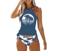 FCHICH Women's Live Simple Coconut Tree Tankini Set Sexy Halter Neck Backless Swimsuit Drawstring Side Bathing Suit, Blue 2, Medium