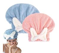 FCHUH Super Absorbent Hair Towel Wrap Wet Hair, 2/4PCS Microfiber Wrap, Bow-Knot Button-Free Coral Fleece Dry Hat, Turbans Long Thick Curly Blue+pink