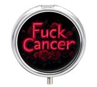 FCK Cancer Rose Pill Box with 3 Compartments and Mirror Cute Metal Round Pill Case for Vitamin Fish Oils