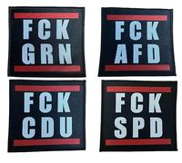 FCK CDU, SPD, AfD, Green - Set of 4 Sew-On / Iron-On Patches, CDU Iron-On Patches, Anti SPD Iron-On Patches, Green Iron-On Patches, Funny Politics Satire, 10 x 10 cm (Party Set)