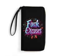 FCK Excuses Leather Wallet Casual Coin Purse with Hand Strap Slim Travel Wallets Credit Card Holder for Daily Use Gifts