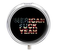 FCK Yeah Vintage U.S. Flag Pill Box with 3 Compartments and Mirror Cute Metal Round Pill Case for Vitamin Fish Oils