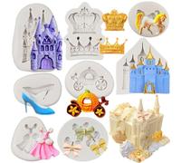 FCKEMLDS Cinderella Themed Fondant Mold Silicone Castle Crystal Shoes Pumpkin Carriage Crown Bow Chocolate Candy Mold For Cake Decorating Cupcake Topper Polymer Clay Gum Paste Set Of 8, FM060