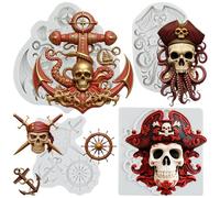 FCKEMLDS Pirate Silicone Molds Rudder Anchor Fondant Mold Octopus Pirate Skull Chocolate Mold For Cake Decoration Cupcake Topper Candy Polymer Clay Gum Paste Set of 4