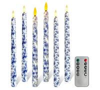 FCMSHAMD 6PCS Blue and White Porcelain Flameless Taper Candles, 11 Inch LED Candlesticks Battery Operated with 11-Key Remote and Timer, 3D Flickering Flame Lights for Wedding Party Home Decor Gifts