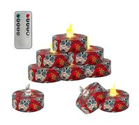 FCMSHAMD Day of The Dead Style Skull Flameless Tealights Candles with 10-Key Remote Timer Battery Operated, 2.2 Inch Flickering LED Tea Lights Candles for Home Decoration,12 Pack