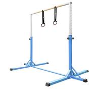 FCOUMY Kids Gymnastics Bar Horizontal Bar with Gymnastic Rings 13 Height Adjustable,Junior Training Kip Bar Gymnastics Equipment for Home Gym, Indoor Outdoor Use,Blue