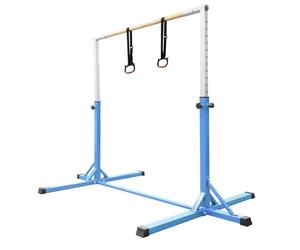 FCOUMY Kids Gymnastics Bar Horizontal Bar with Gymnastic Rings 13 Height Adjustable,Junior Training Kip Bar Gymnastics Equipment for Home Gym, Indoor Outdoor Use,Blue